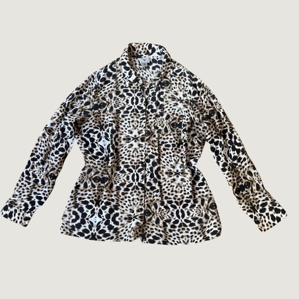 Worthington Button Down Women Brown Leopard Print 100% Silk Blouse SIZE XL